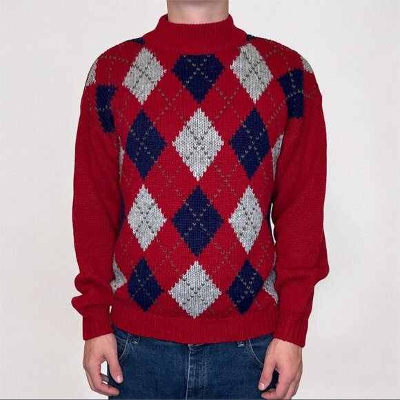 Y2K Jed Red Argyle Navy Gray Knit High Neck Sweater M - Picture 1 of 6